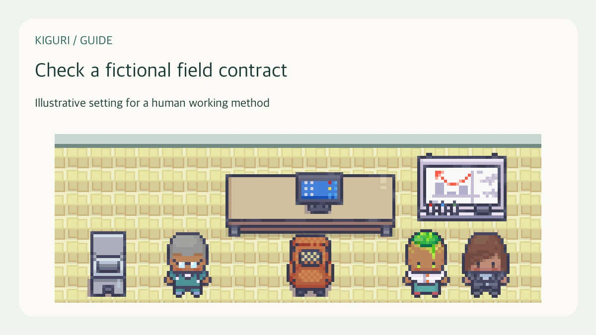 An office illustration accompanying the guide “Review fictional sample data against a shared field contract”