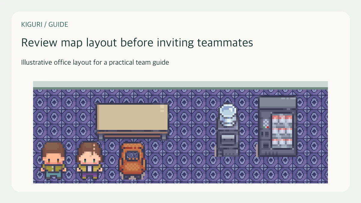 Illustrative pixel-art office scene for review map layout before inviting teammates