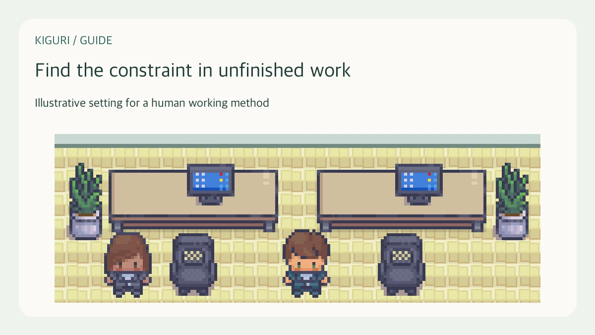 An office illustration accompanying the guide “Review unfinished work to find a useful bottleneck action”