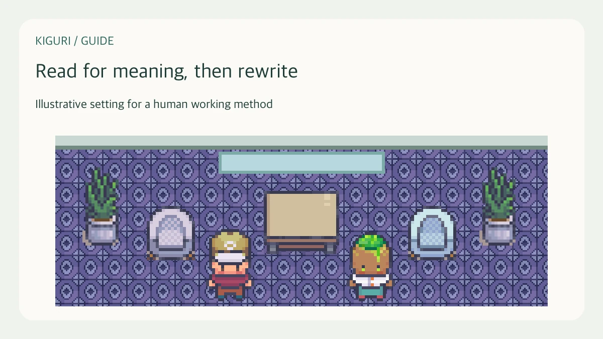 An office illustration accompanying the guide “Read a draft aloud to find meaning gaps”