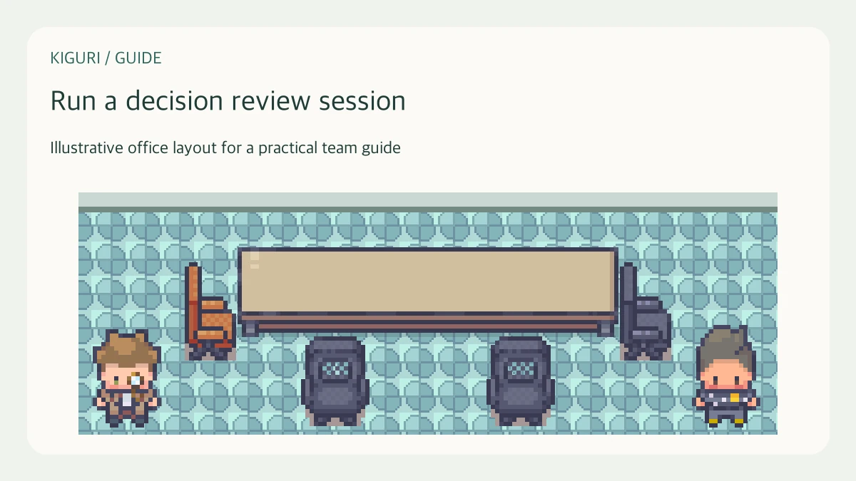 Illustrative pixel-art office scene for run a decision review session