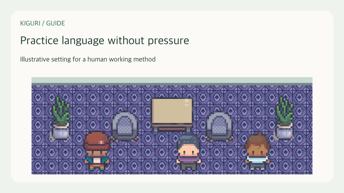 An office illustration accompanying the guide “Run language practice with clear correction rules”