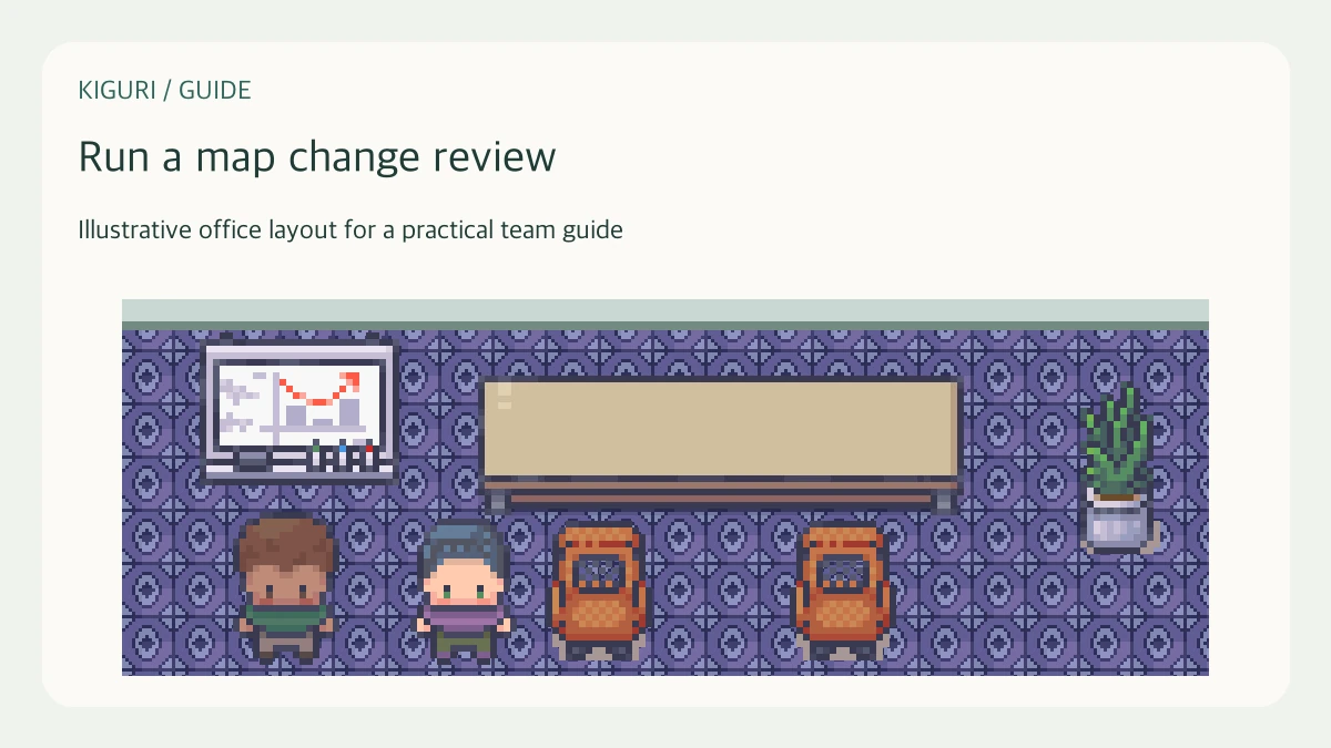 Illustrative pixel-art office scene for run a map change review