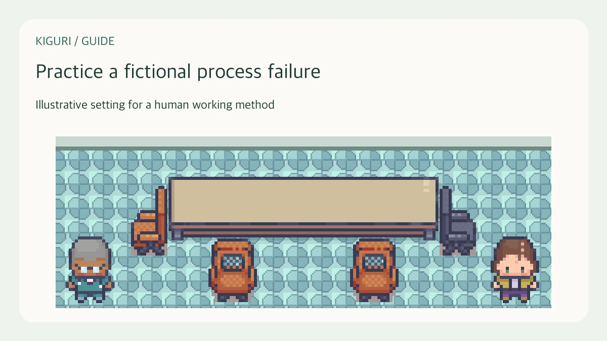 An office illustration accompanying the guide “Run a process-failure tabletop using safe fictional events”