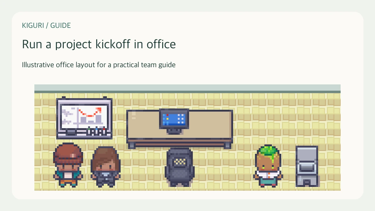 Illustrative pixel-art office scene for run a project kickoff in office