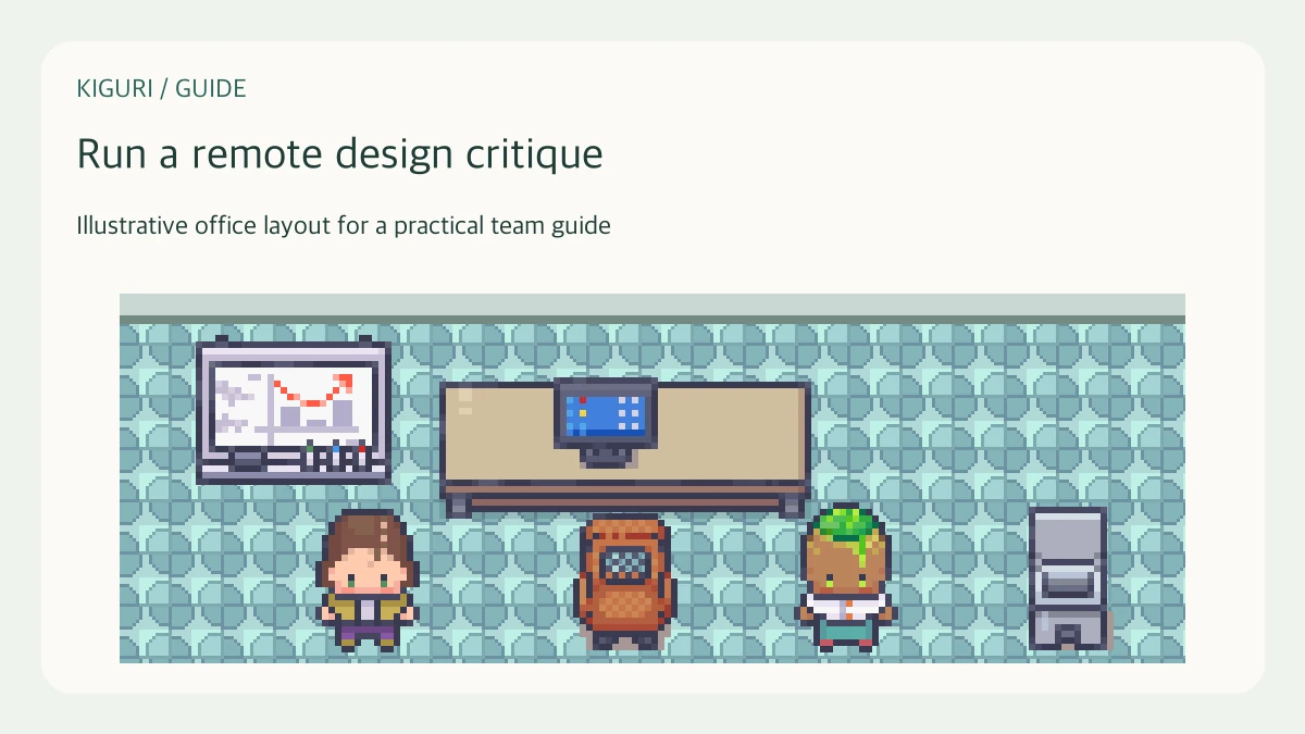 Illustrative pixel-art office scene for run a remote design critique