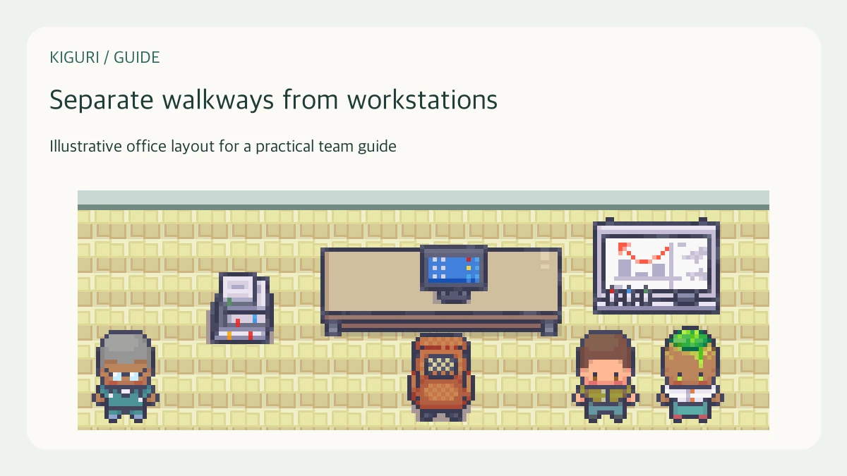 Illustrative pixel-art office scene for separate walkways from workstations