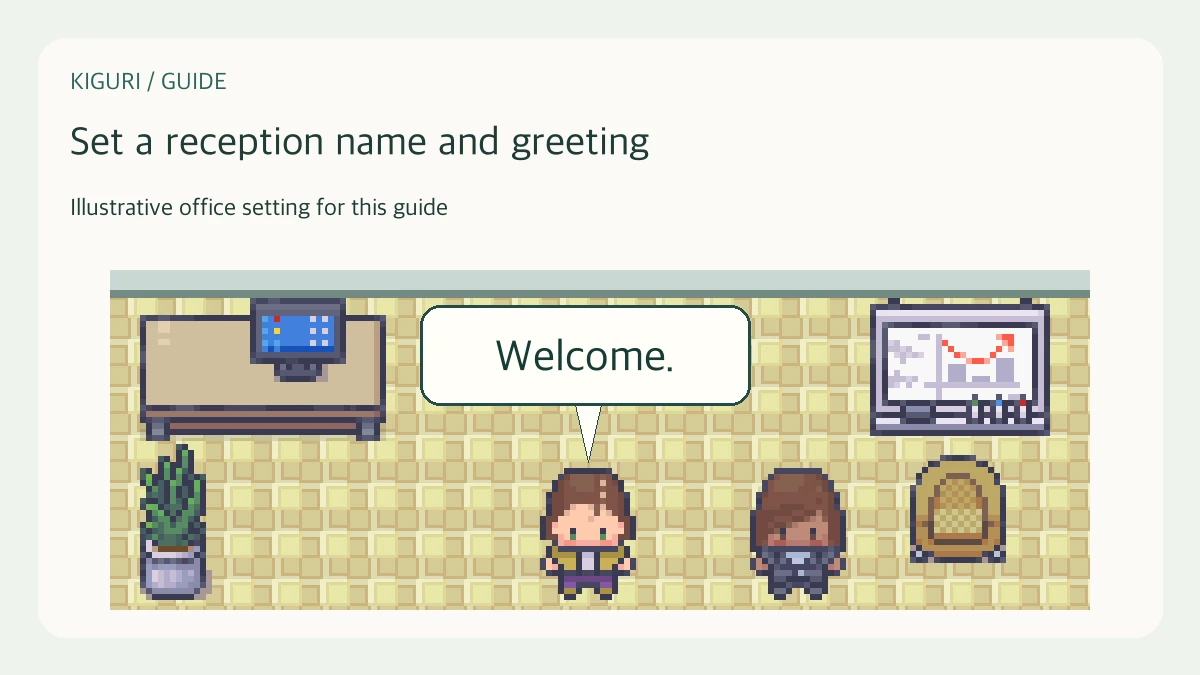 Illustrative office scene to set a reception name and greeting with fictional dialogue Welcome.
