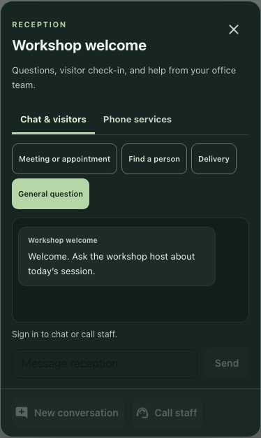 Set a reception NPC name and check its opening greeting — actual interface with fictional local example data