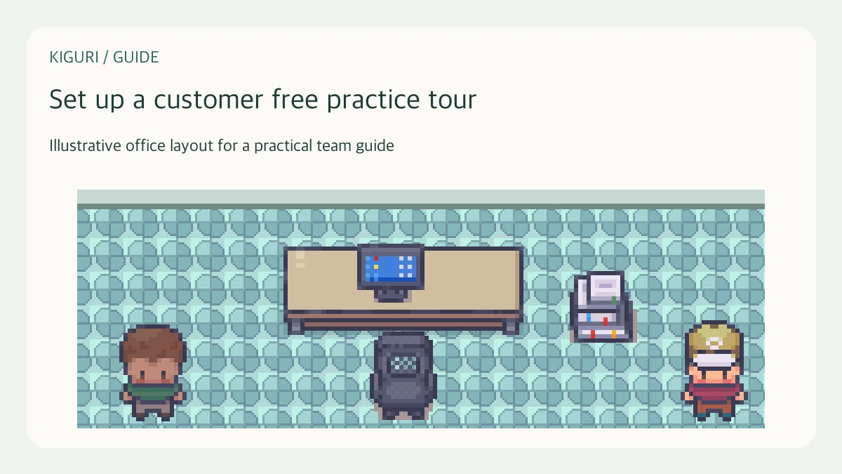 Illustrative pixel-art office scene for set up a customer free practice tour