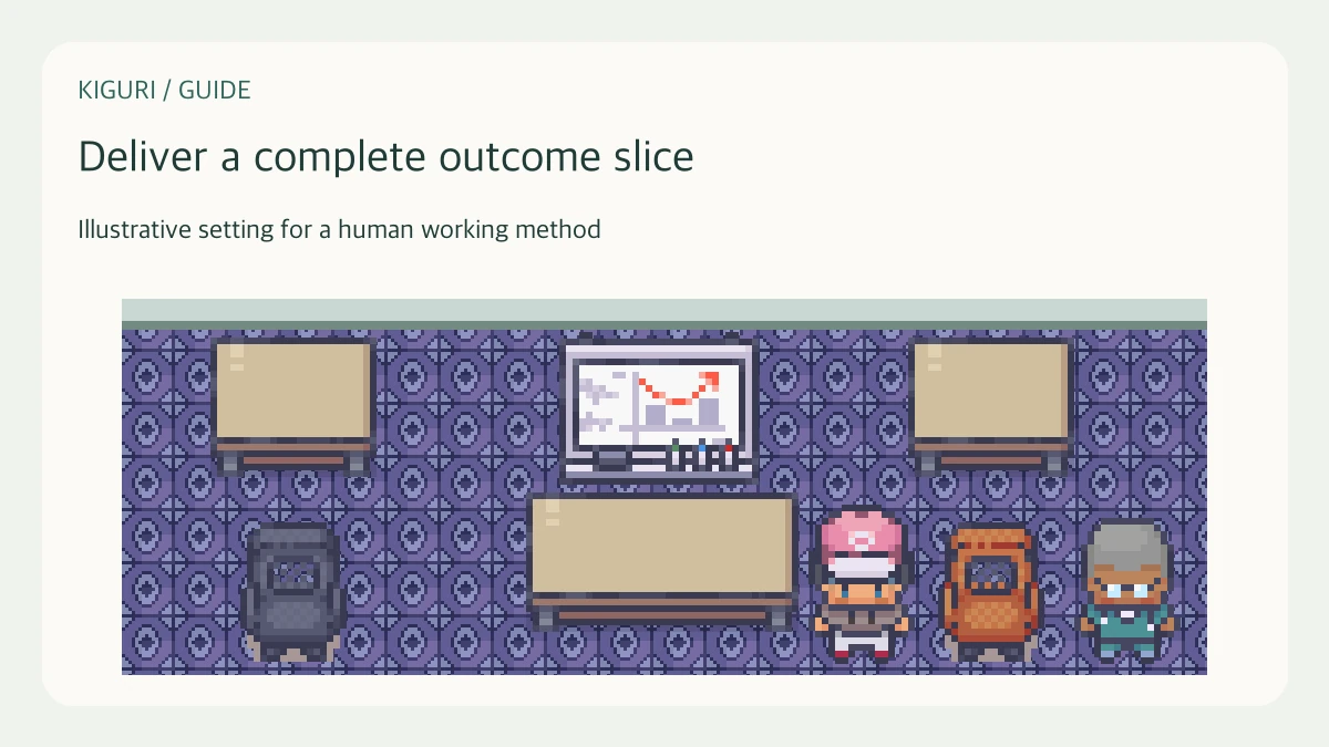 Illustrative office scene for deliver a complete outcome slice
