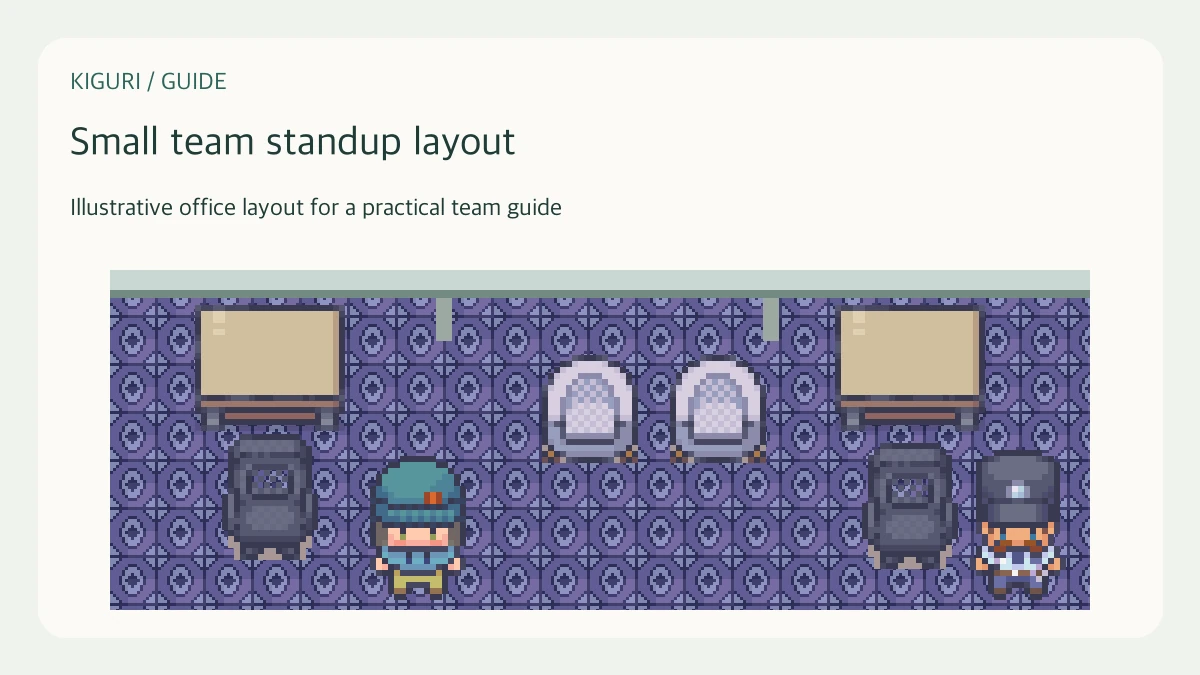 Illustrative pixel-art office scene for small team standup layout