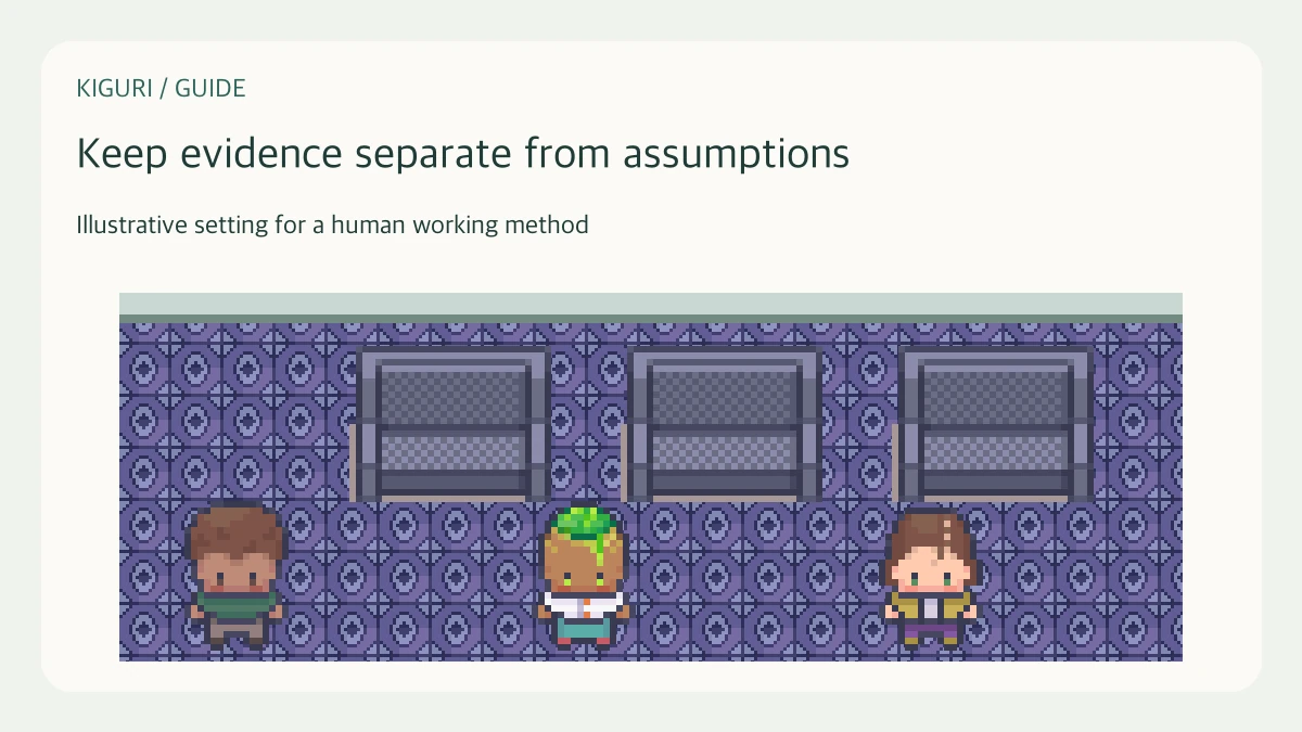An office illustration accompanying the guide “Sort evidence before debating a team decision”