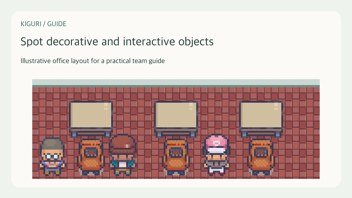 Illustrative pixel-art office scene for spot decorative and interactive objects