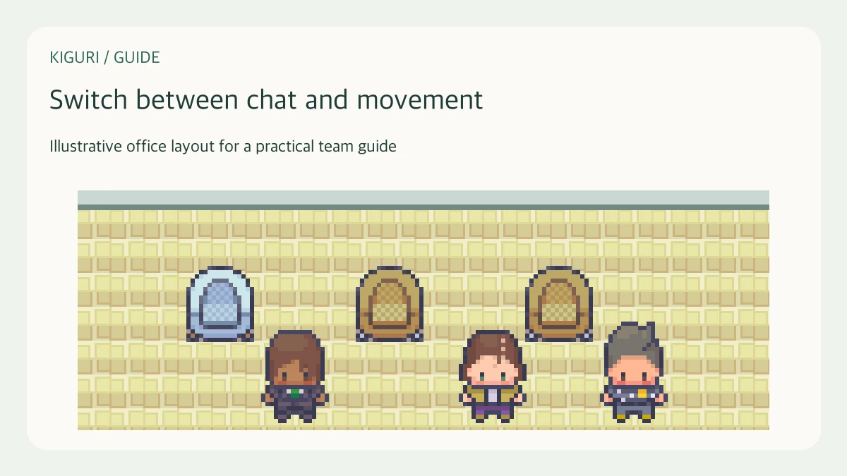 Illustrative pixel-art office scene for switch between chat and movement