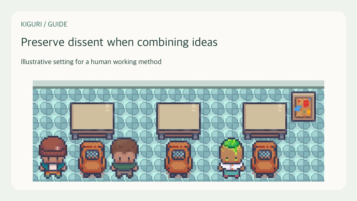 An office illustration accompanying the guide “Synthesize asynchronous contributions without losing dissent”