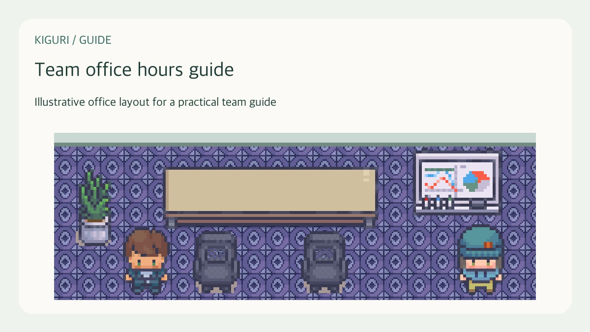 Illustrative pixel-art office scene for team office hours guide