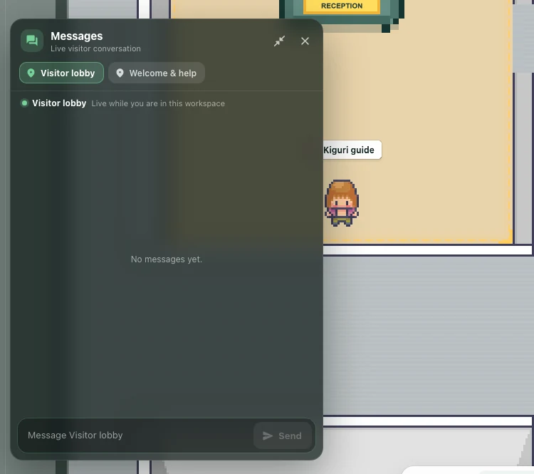 The expanded translucent chat panel over the office