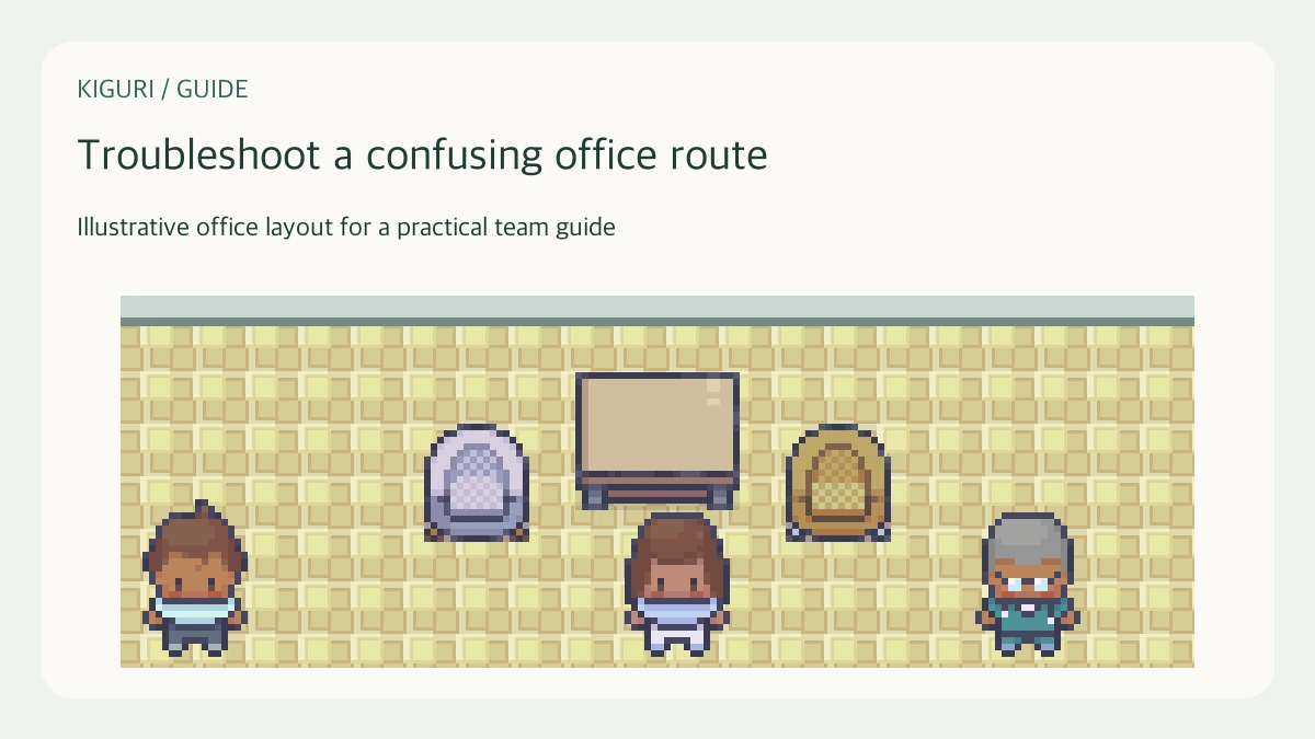 Illustrative pixel-art office scene for troubleshoot a confusing office route