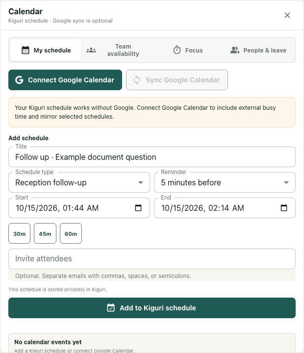 Turn a reception handoff into a follow-up draft — actual interface with fictional local example data