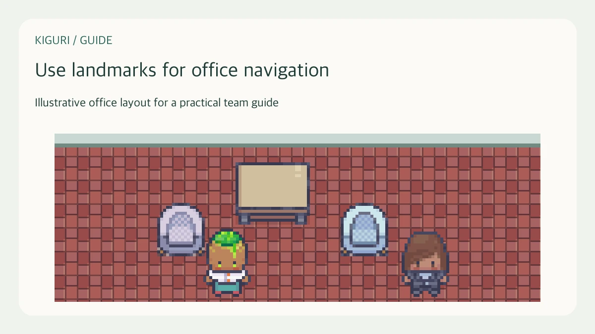 Illustrative pixel-art office scene for use landmarks for office navigation
