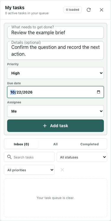 My tasks create/complete/reopen shown in a synthetic isolated native UI example