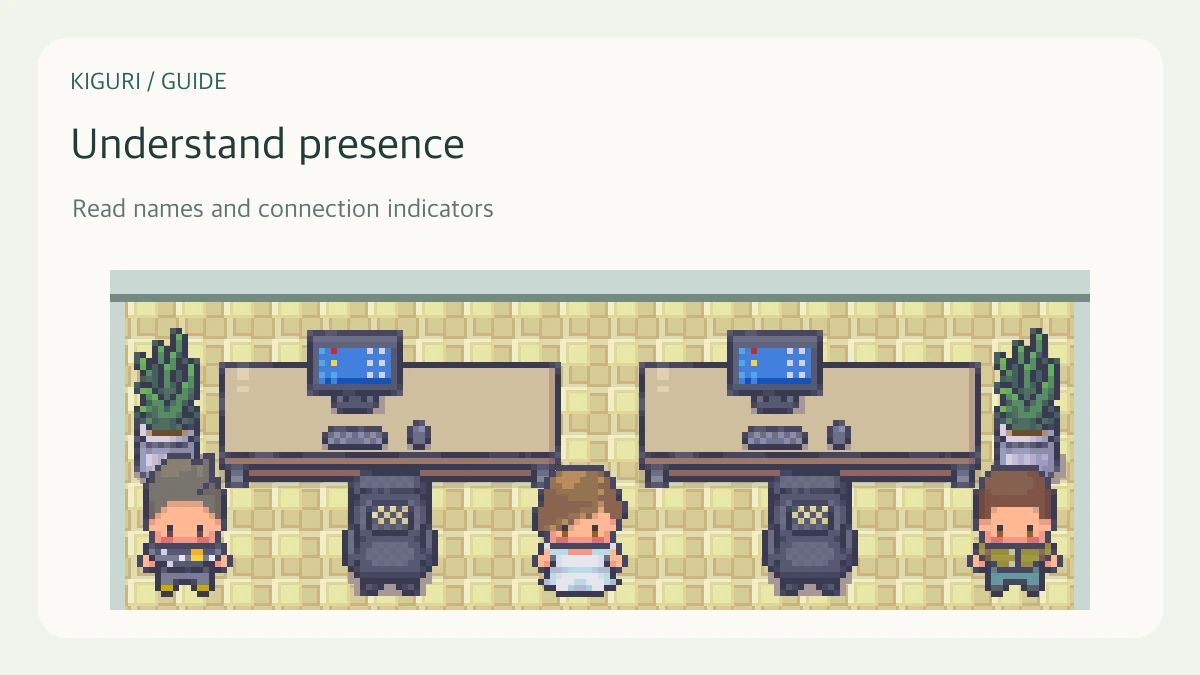 An illustrative office scene with characters and furniture for understand presence