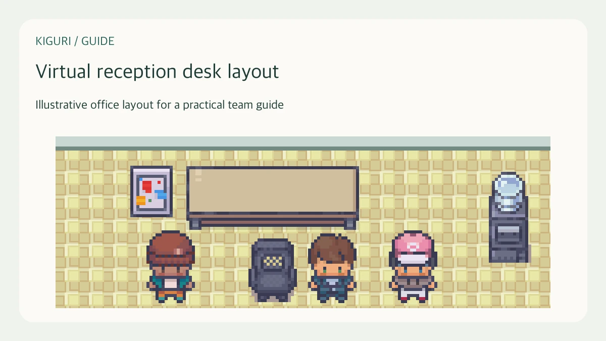 Illustrative pixel-art office scene for virtual reception desk layout