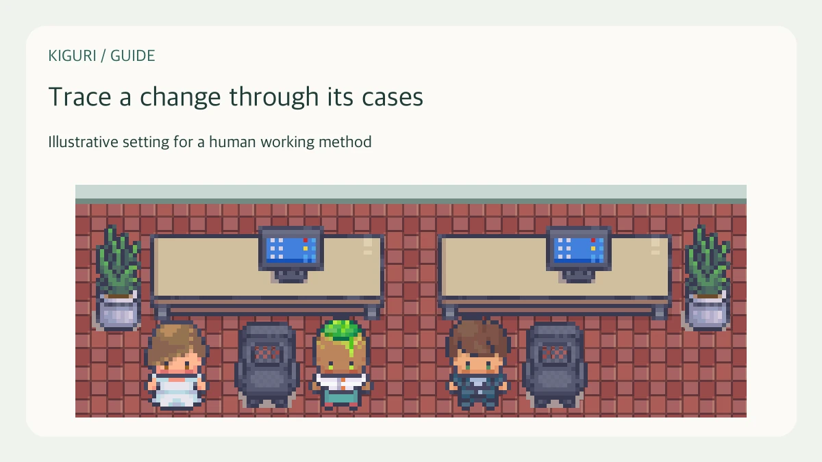 An office illustration accompanying the guide “Walk through a code change without replacing formal review”