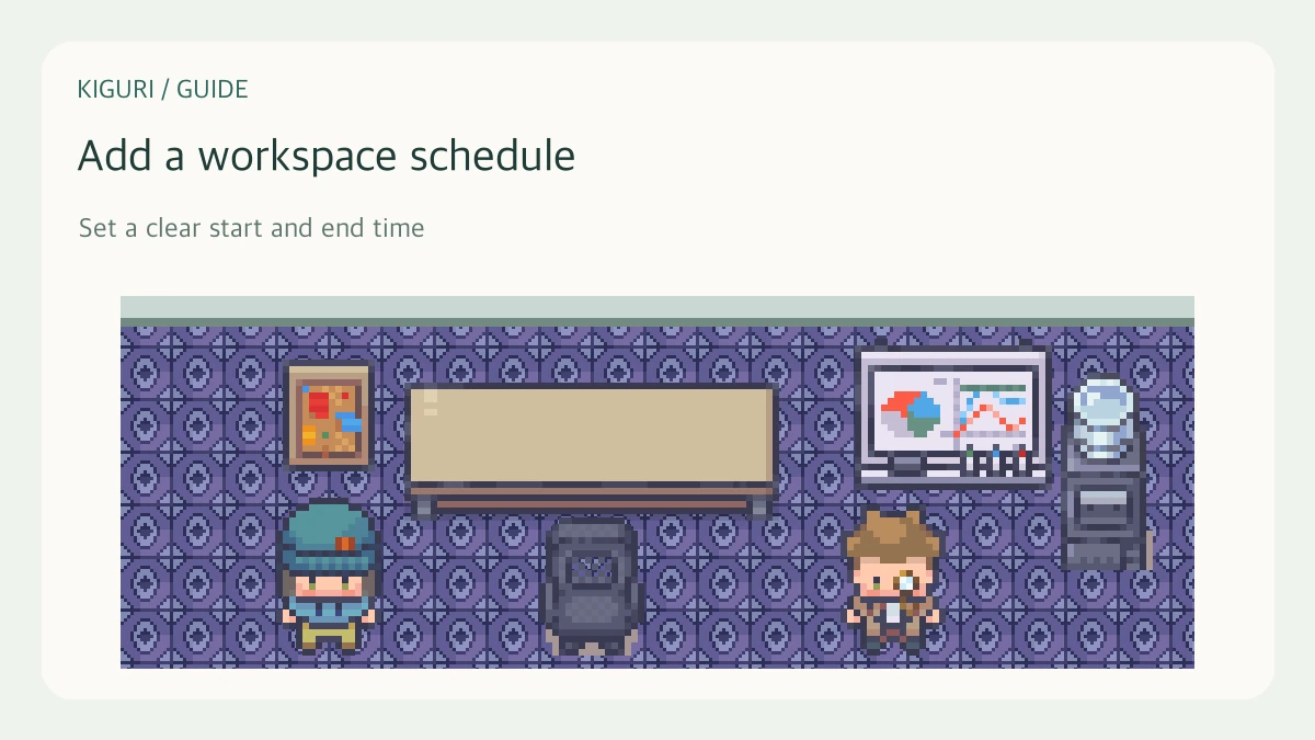 An illustrative reception planning space scene with existing Kiguri furniture and characters