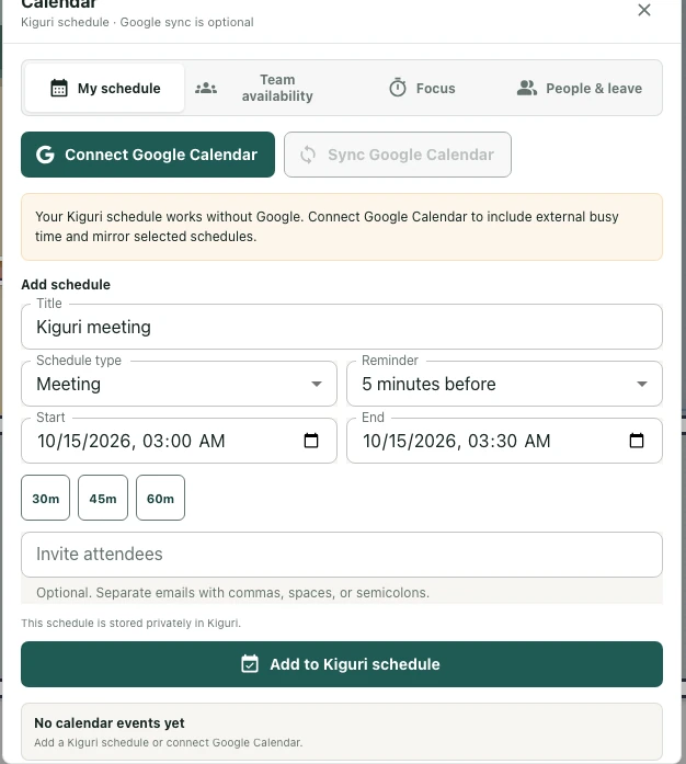The Add schedule form with schedule type, start and end fields